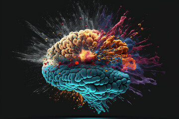 Creative exploding brain. Genius brain color splash creative concept. Colored creativity and intelligence abstract smart thinking illustration idea. Ai generated