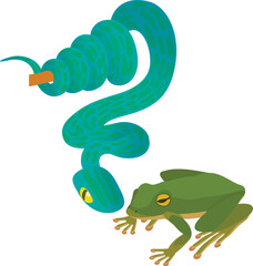 Reptile class icon isometric vector. Big blue snake on branch near green frog. Cold blooded animal, biological diversity concept