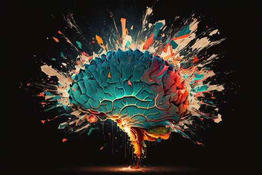 Creative exploding brain. Genius brain color splash creative concept. Colored creativity and intelligence abstract smart thinking illustration idea. Ai generated