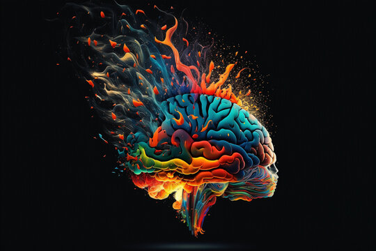 Creative exploding brain. Genius brain color splash creative concept. Colored creativity and intelligence abstract smart thinking illustration idea. Ai generated