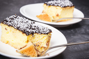 Fresh baked cheesecake on plate. Delicious dessert