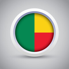 Benin Flag Glossy Button on Gray Background. Vector Round Flat Icon