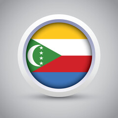 Comoros Flag Glossy Button on Gray Background. Vector Round Flat Icon