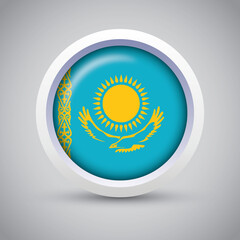Kazakhstan Flag Glossy Button on Gray Background. Vector Round Flat Icon