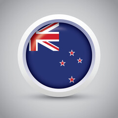 New Zealand Flag Glossy Button on Gray Background. Vector Round Flat Icon