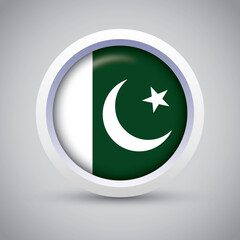 Pakistan Flag Glossy Button on Gray Background. Vector Round Flat Icon