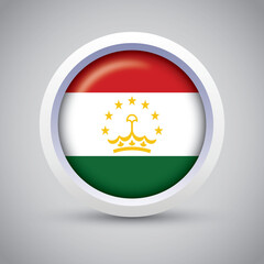 Tajikistan Flag Glossy Button on Gray Background. Vector Round Flat Icon