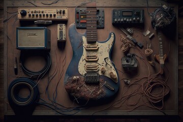 electric guitar, surrounded by equipment and gear necessary to create amazing music, created with generative ai
