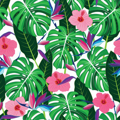 Raster illustration. Tropical leaves and flowers seamless repeat pattern.
