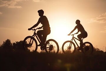 Silhouette of Couple of young man and woman  cycling together along the road at sunset time.