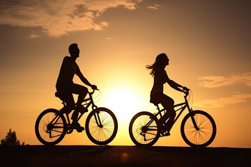 Obraz premium Silhouette of Couple of young man and woman cycling together along the road at sunset time, Generative Ai