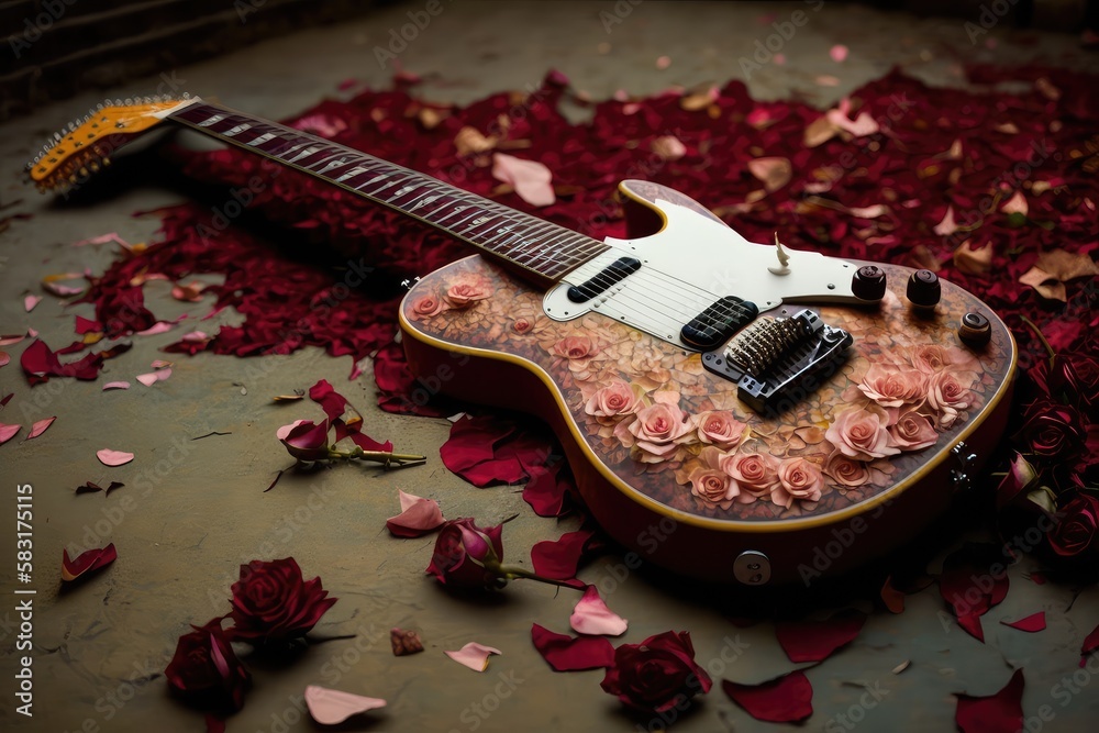 Wall mural electric guitar, lying on bed of rose petals and twigs, created with generative ai