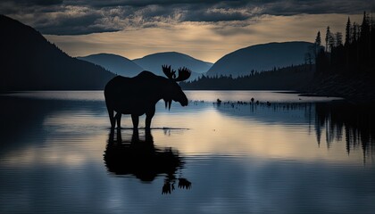 moose bull walking in the river at night,
Generative Ai