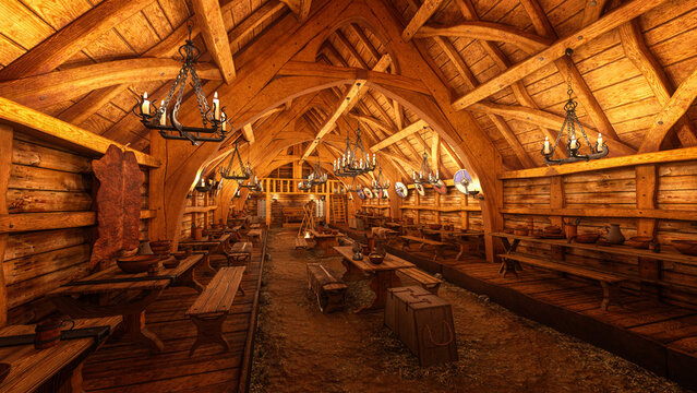 Medieval Viking long house with mud and straw on the ground, wooden tables with food and drink, lit by candlelight. 3D illustration.