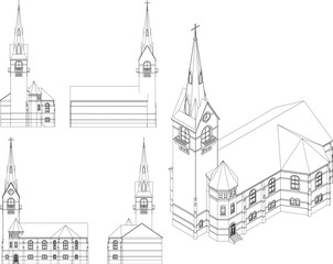 Vector sketch illustration of an ancient church in a village with a tower