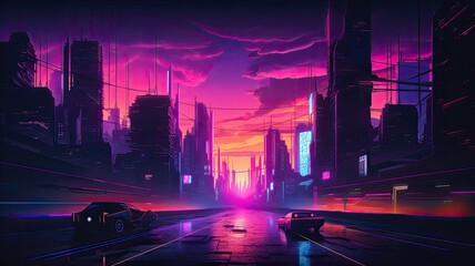 Fototapeta na wymiar Synthwave city, neon color 80s. Generative AI