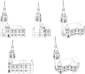 Vector sketch illustration of an ancient church in a village with a tower