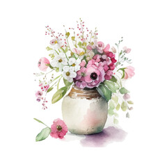 Watercolor bouqet with wild pink and white flowers in vase. Collection magenta flowers, leaves, branches. Design for greetings, card, invitation, flyer, banner.