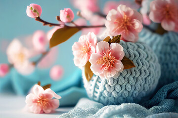 Crochet sakura flowers. Spring knitting concept. Card for Mother's day, Easter, Woman's day, 8 March, birthday, anniversary, Valentines day, wedding, springtime. Generative AI.