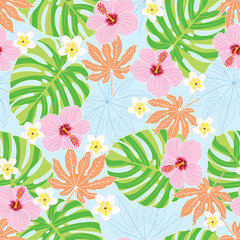 Raster illustration. Pastel tropical leaves and flowers on sky blue background seamless repeat pattern.