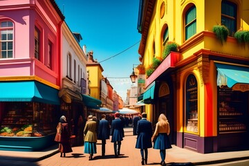 Rendering of Colorful and Eclectic Commercial Street. Generative AI. 