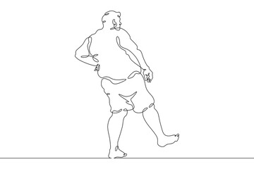 Fototapeta na wymiar One continuous line. Fat man on holiday. An obese man. Obesity. Harmful lifestyle. Man on vacation. One continuous line drawn isolated, white background.