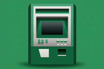 Bank ATM illustration, investment and money saving concept, green background. Generative AI