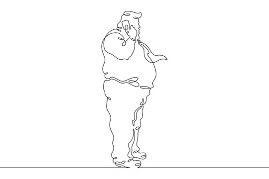 One continuous line. Fat man at work. Obese male businessman. Obesity. Harmful lifestyle. Fat man talking on the phone. One continuous line drawn isolated, white background.