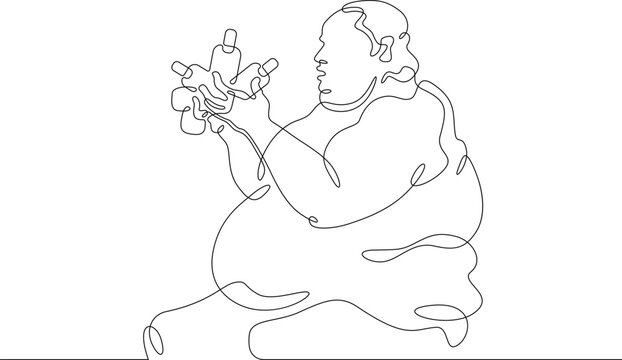 One continuous line. Fat man eats. Fat man having lunch. Obesity. Harmful lifestyle. A fat man holds food in his hands. Fast food.One continuous line drawn isolated, white background.