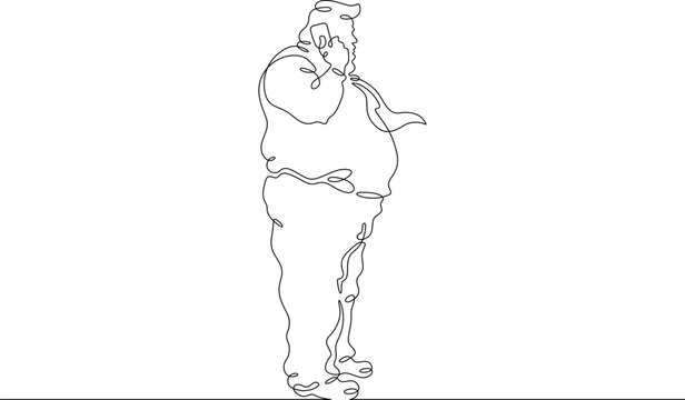 One continuous line. Fat man at work. Obese male businessman. Obesity. Harmful lifestyle. Fat man talking on the phone. One continuous line drawn isolated, white background.