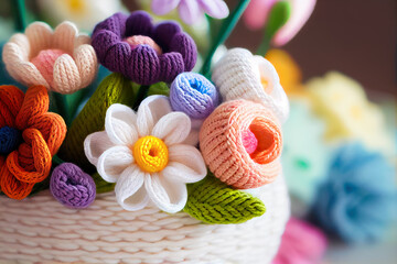Crochet spring flowers. Gift for Mother's day, Easter, Woman's day, 8 March, birthday, anniversary, Valentines day, wedding, springtime card. Spring, summer knitting concept. Generative AI.