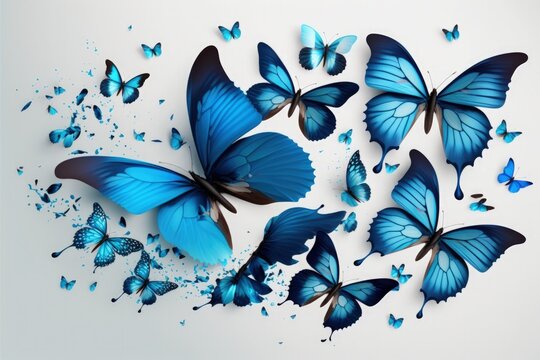 Illustration of blue butterflies, blue background. Generative AI