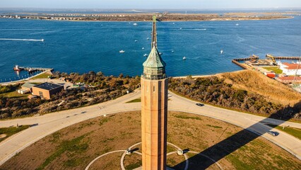 Drone shot over Robert Moses Water Tower landmark in Fire Island, New York