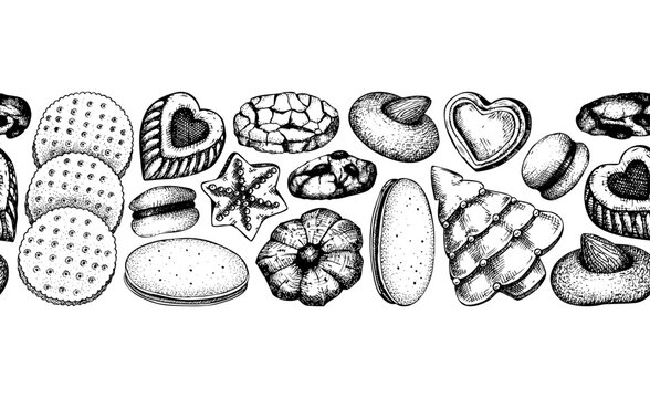 Bakery shop seamless pattern. Cookies background. Black cookies with almond, chocolate, jam, crackers, chips hand drawn illustrations. Popular pastry ribbon for print, banner, packaging design