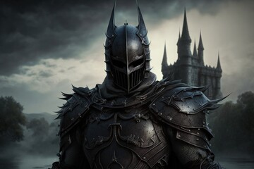 Naklejka premium Illustration of black knight in armor with spikes, gloomy castle in the background. Generative AI