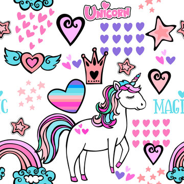 Fashion abstract seamless pattern with magic unicorn, hearts, crown, rainbow and stars.
