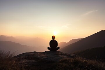 Rear view of man practicing meditation or yoga pose on the mountain at sunset time. Generative ai.