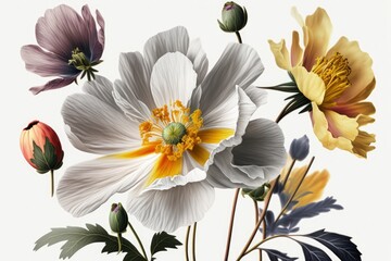 Beautiful flowers illustration, white background. Generative AI