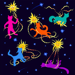 Funny cats in space play with stars and comets