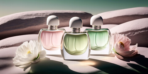 Fresh spring romantic image, stylish transparent glass perfume bottles. Stylish parfumerie banner. Generative AI.
