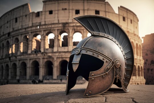 Landscape with gladiator helmet and coliseum in the background. Generative AI