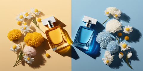 Bold trendy sunny summer transparent glass perfume bottles, stylish parfumerie banner. Generative AI. - obrazy, fototapety, plakaty
