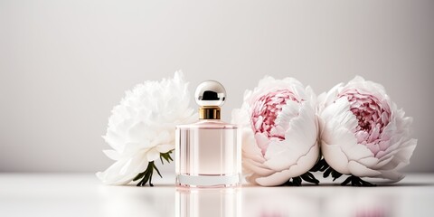 Tender stylish perfume composition, bottles of perfume and flowers, pinkish illustration. Generative Ai