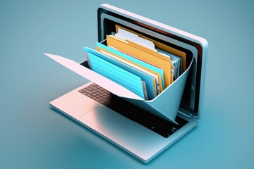 Laptop illustration with file drawer, data stores concept, blue background. Generative AI - obrazy, fototapety, plakaty