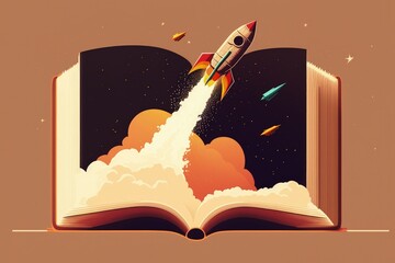 Illustration of rocket taking off from a book, startup and creativity concept, flat style. Generative AI