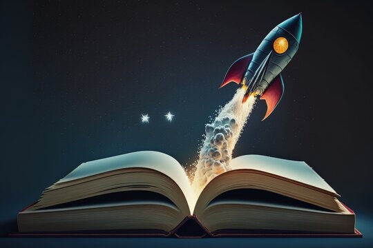 Illustration of rocket taking off from a book, startup and creativity concept, blue background. Generative AI