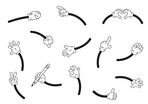 Cartoon retro hands.Comic gestures in white gloves. Thumb up and heart shape sign
