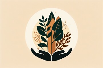 Illustration of hands and plants, icon, concept of environmental preservation. Generative AI