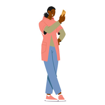 Young Black Woman Character Look on Mobile Phone Screen Posing, Photographing on Camera or Pass Facial Recognition