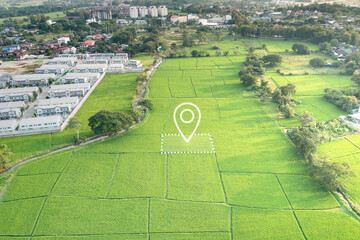 Land plot in aerial view. Identify registration symbol of vacant area for map. Real estate or...